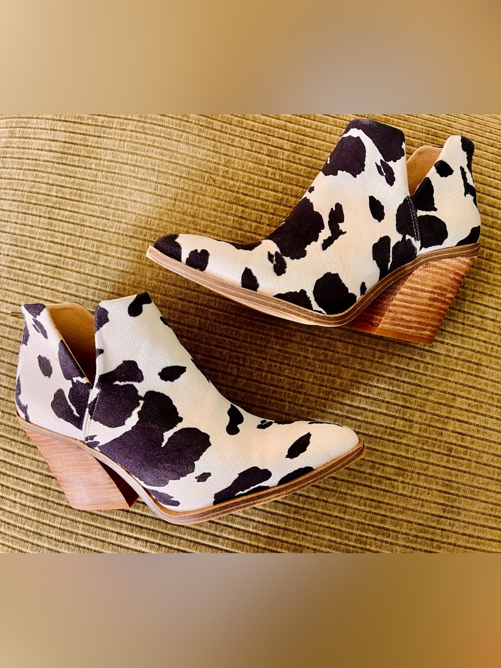 Western Faux Suede Cow-Print Ankle Booties in Black and White - Women's 10